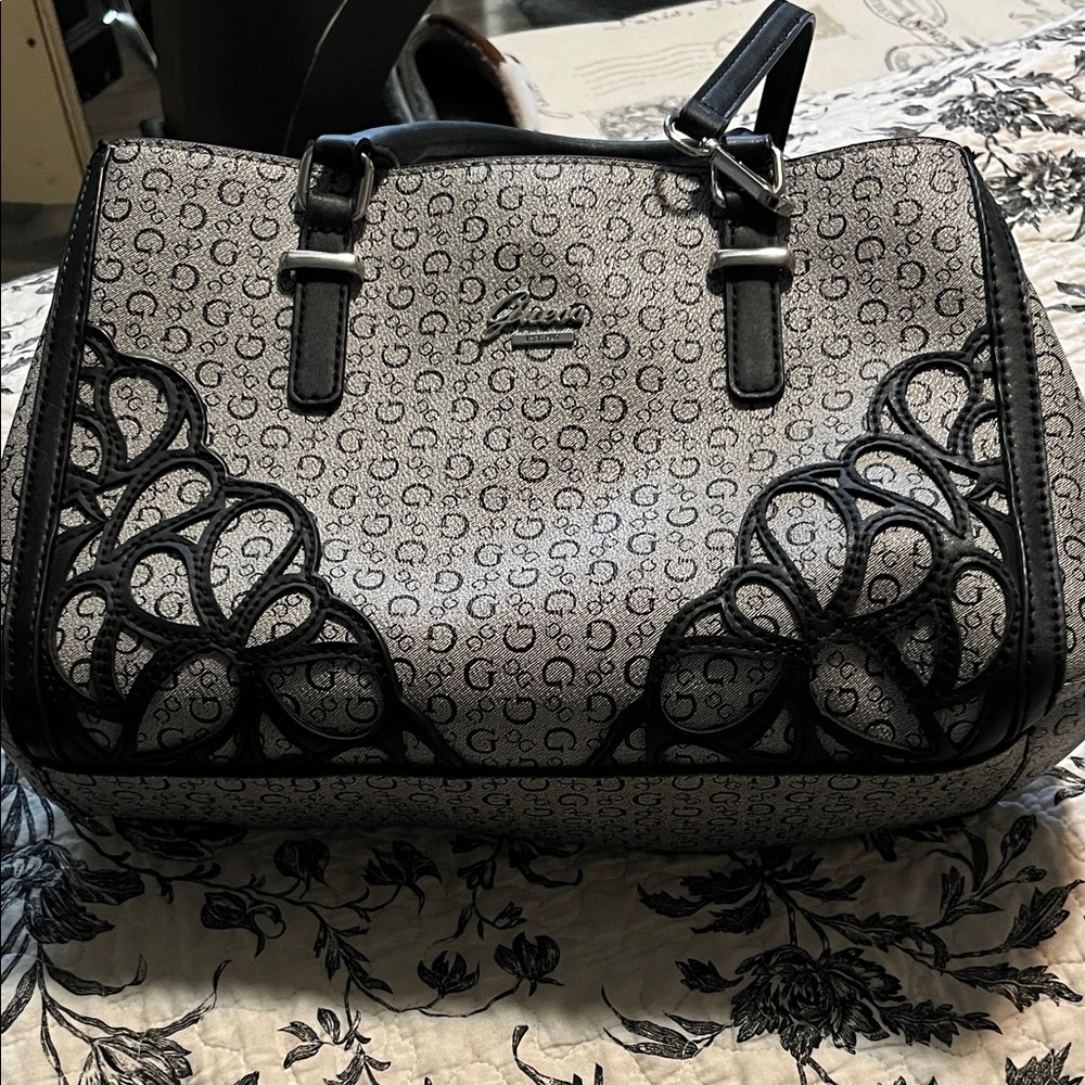 Guess Black and Silver Logo Floral Appliqué Satchel